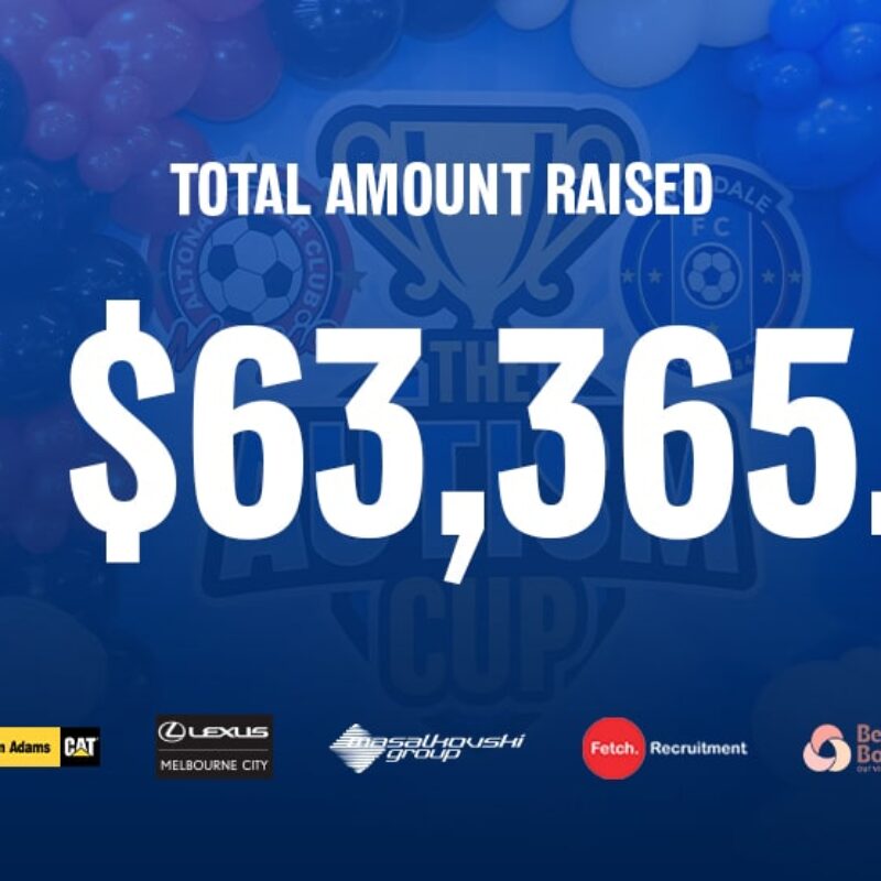 Avondale FC Autism Cup fundraising total displayed prominently on club graphic.