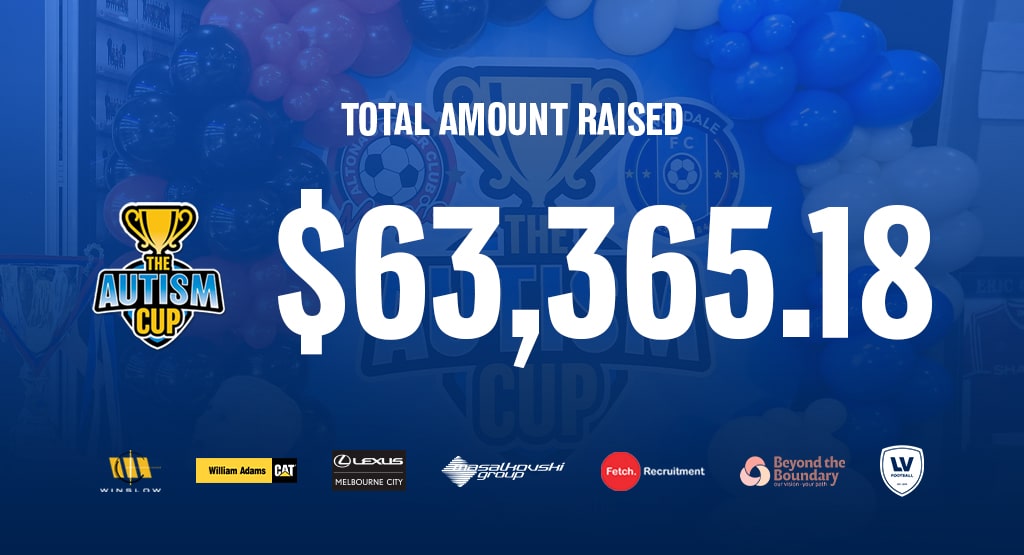 Avondale FC Autism Cup fundraising total displayed prominently on club graphic.